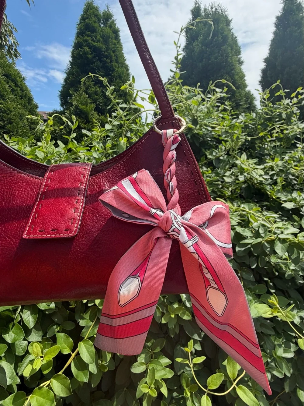 Classic Women's Shoulder Bag in Burgundy with Scarf Accent